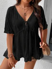 SHEIN Holidaya Áo peplum viền bèo nhún buộc phía trước - màu đen - Xem 4