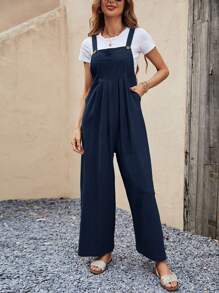 SHEIN VCAY 素色闊腿背帶連身褲不帶T恤 - 藏蓝色 - 查看 3