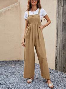 SHEIN VCAY 素色闊腿背帶連身褲不帶T恤 - 卡其色 - 查看 3