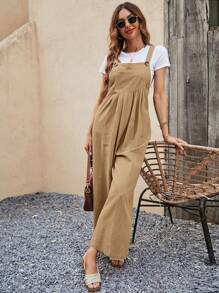SHEIN VCAY 素色闊腿背帶連身褲不帶T恤 - 卡其色 - 查看 6