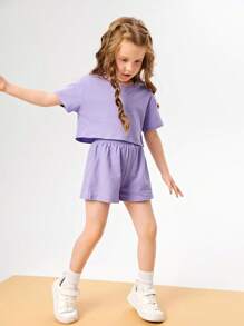SHEIN Toddler Girls Drop Shoulder Tee & Shorts - Lilac Purple - View 1