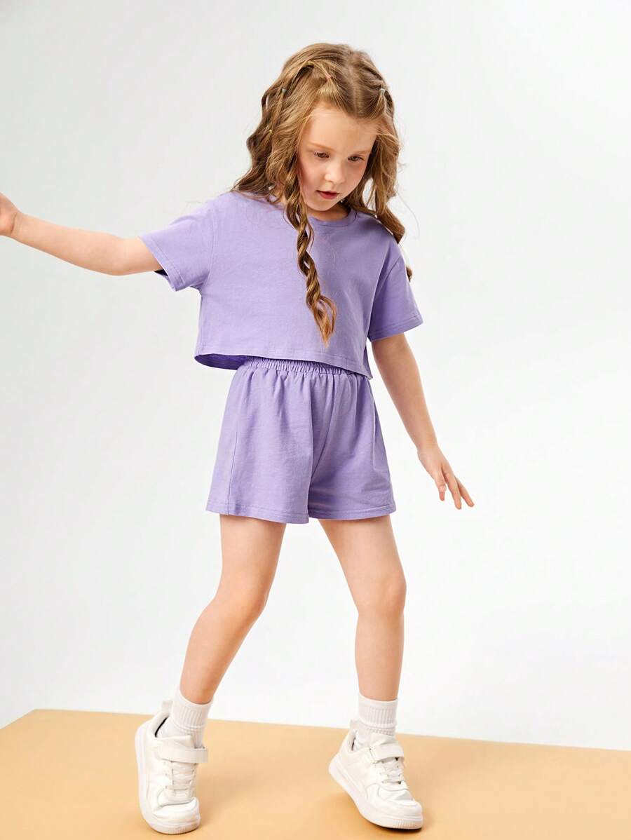 SHEIN Toddler Girls Drop Shoulder Tee & Shorts - Lilac Purple - View 1