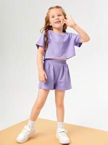 SHEIN Toddler Girls Drop Shoulder Tee & Shorts - Lilac Purple - View 3