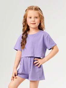 SHEIN Toddler Girls Drop Shoulder Tee & Shorts - Lilac Purple - View 5