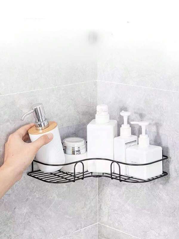 1pc Iron Bathroom Storage Rack, Simple Black Corner Shelving Storage