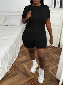 Slaydiva Solid Tee & Cycling Shorts - Black - View 5