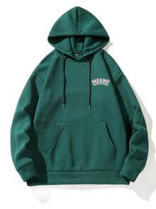 Aesthetic Post 男士字母圖案抽繩加絨內裏連帽衫 - 墨綠色 - 查看 2