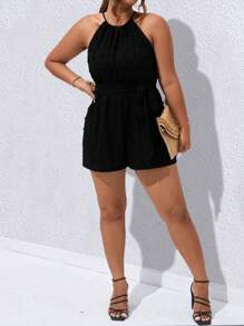 SHEIN Unity Plus Swiss Dot Belted Halter Romper - Black - View 4