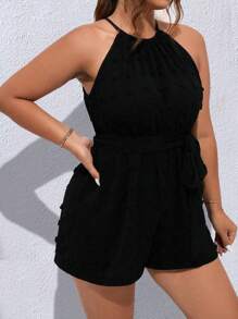 SHEIN Unity Plus Swiss Dot Belted Halter Romper - Black - View 5