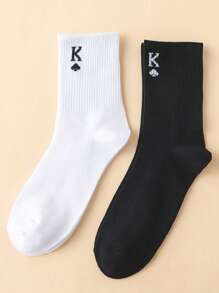 2pairs Men Playing Card & Letter Graphic Crew Socks - Black and White - View 1