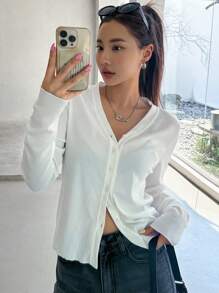 DAZY Solid Button Through Rib Knit Tee - White - View 1