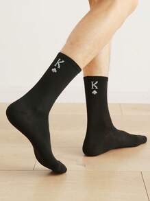 2pairs Men Playing Card & Letter Graphic Crew Socks - Black and White - View 3