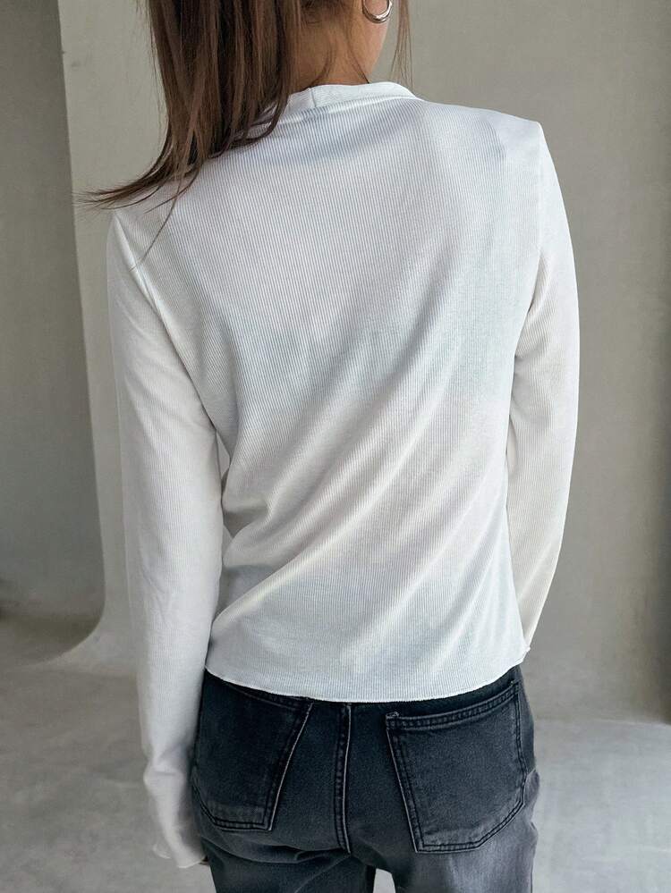 Solid Button Through Rib Knit Tee