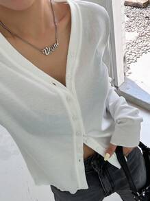 DAZY Solid Button Through Rib Knit Tee - White - View 5