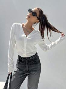 DAZY Solid Button Through Rib Knit Tee - White - View 7