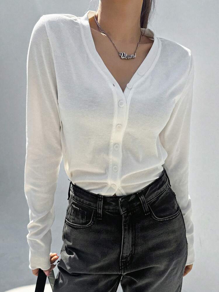 Solid Button Through Rib Knit Tee