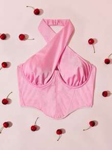 Solid Criss Cross Halter Neck Underwire Bra - Pink - View 1