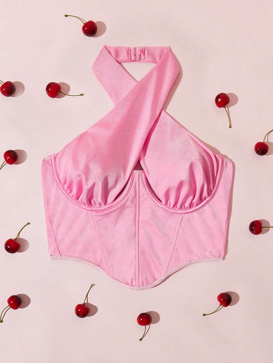 Solid Criss Cross Halter Neck Underwire Bra - Pink - View 1