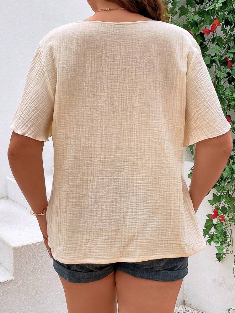 SHEIN VCAY Áo sơ mi Plus Size viền lá sen màu trơn Giải trí - Màu be - Xem 6