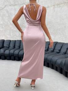 SHEIN Privé Draped Collar Tie Backless Satin Dress - Baby Pink - View 3