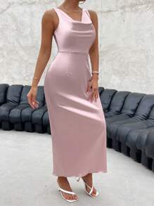SHEIN Privé Draped Collar Tie Backless Satin Dress - Baby Pink - View 4