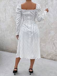 SHEIN Frenchy Polka Dot Print Square Neck Gigot Sleeve Split Thigh Dress Winter New Year Elegant White Evening Dress - White - View 2