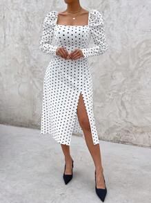 SHEIN Frenchy Polka Dot Print Square Neck Gigot Sleeve Split Thigh Dress Winter New Year Elegant White Evening Dress - White - View 3