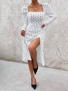 SHEIN Frenchy Polka Dot Print Square Neck Gigot Sleeve Split Thigh Dress Winter New Year Elegant White Evening Dress - White - View 4