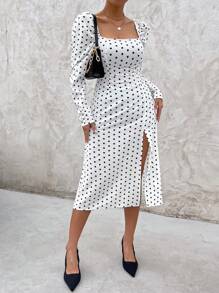 SHEIN Frenchy Polka Dot Print Square Neck Gigot Sleeve Split Thigh Dress Winter New Year Elegant White Evening Dress - White - View 5