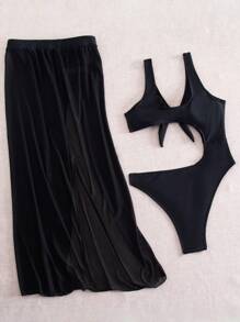 SHEIN Swim Cut-out Knot One Piece Swimsuit & Mesh Skirt - Black - View 3