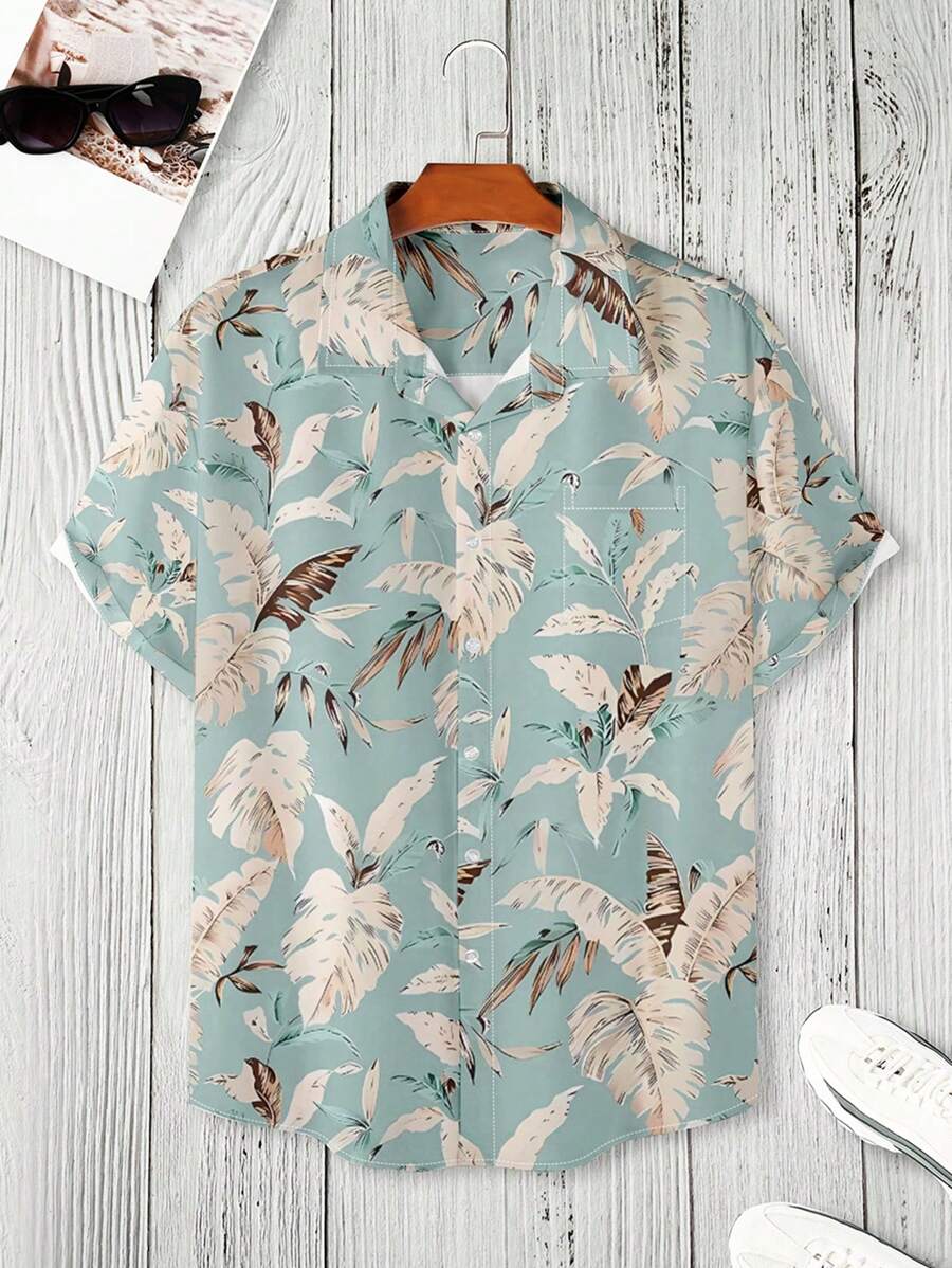 Manfinity RSRT Men Plus Size Loose Fit Tropical Printed Shirt, Short Sleeve Button Up Collar Graphic Shirt, Vacation Beach - Mint Blue - View 1