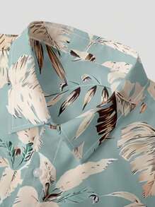 Manfinity RSRT Men Plus Size Loose Fit Tropical Printed Shirt, Short Sleeve Button Up Collar Graphic Shirt, Vacation Beach - Mint Blue - View 5