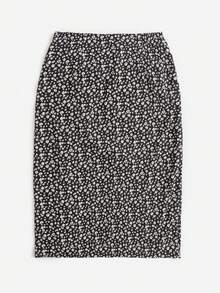 SHEIN VCAY Plus Ditsy Floral Drawstring Split Thigh Skirt - Black and White - View 2