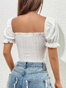 SHEIN EZwear Eyelet Embroidery Frill Trim Puff Sleeve Bodysuit - White - View 2