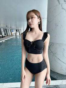 SHEIN Swim Summer Beach Ribbed Tankini Set Ruffle Trim Tie Front Top & Ruched High Waisted Bottom 2 Piece Bathing Suit - Black - View 4