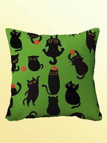 Satchi Collection 1pc Reusable Cushion Cover,Cute Cartoon Cat Graphic Washable Decorative Throw Pillow Case - Green - View 2
