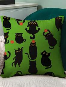 Satchi Collection 1pc Reusable Cushion Cover,Cute Cartoon Cat Graphic Washable Decorative Throw Pillow Case - Green - View 4