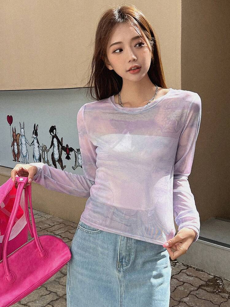 DAZY שקוף קשירה וצביעה קז'ואל חולצה - סגול לילך - ראה 5