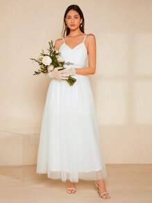SHEIN Belle 1pc Solid Mesh Overlay Belted Wedding Dress - White - View 4