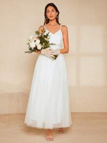 SHEIN Belle 1pc Solid Mesh Overlay Belted Wedding Dress - White - View 6