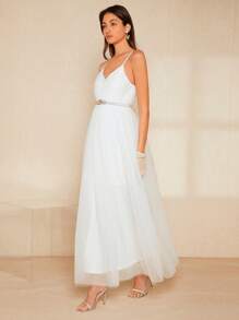 SHEIN Belle 1pc Solid Mesh Overlay Belted Wedding Dress - White - View 7