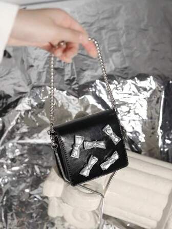 迷你翻蓋方包蝴蝶結裝飾鏈條帶