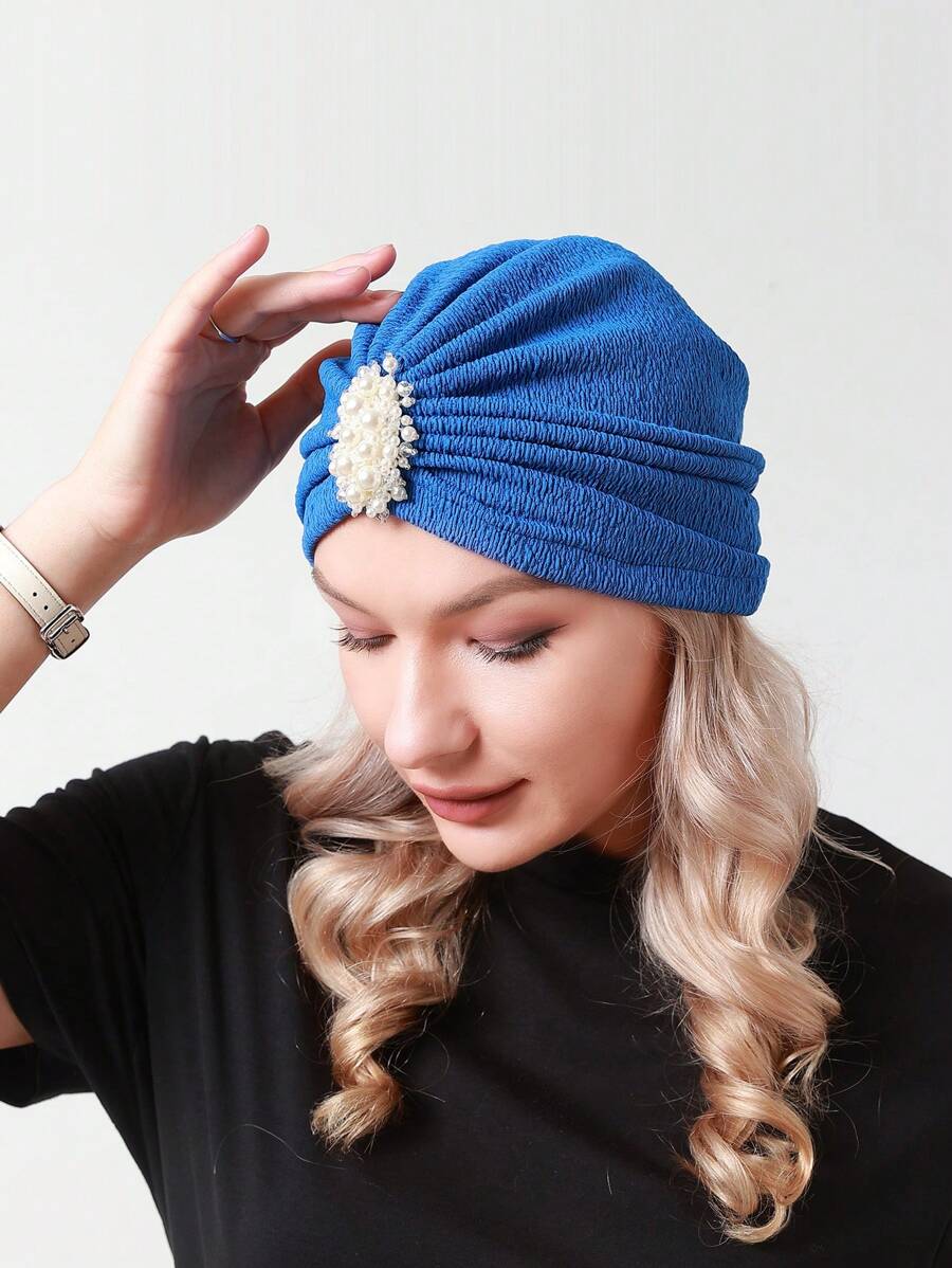 Faux Pearl Decor Head Wrap Hair Sleep Cap - Royal Blue - View 1