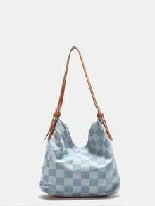 牛仔褲格紋肩背包大容量韓版休閒手提包通勤適合 - 藍色 - 查看 1