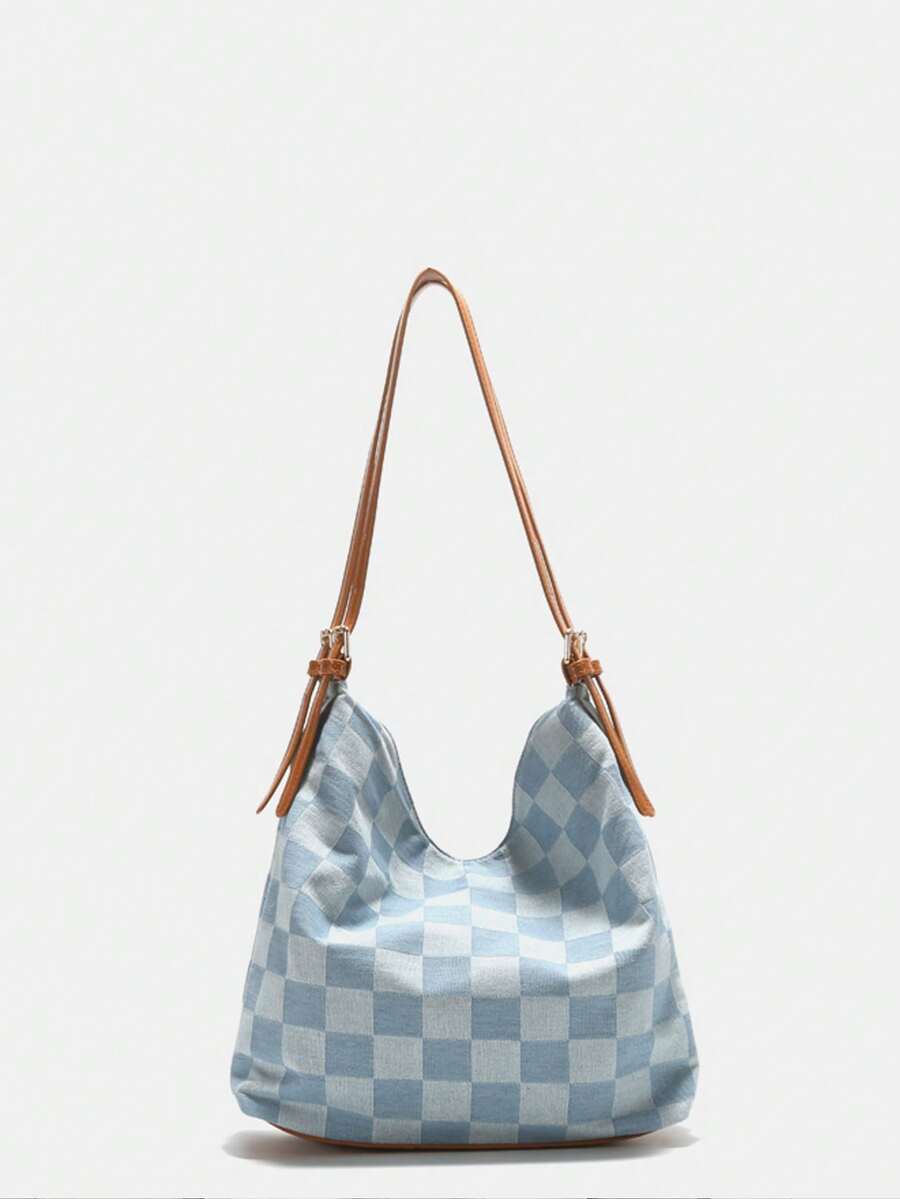 牛仔褲格紋肩背包大容量韓版休閒手提包通勤適合 - 藍色 - 查看 1