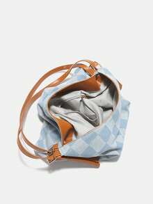 牛仔褲格紋肩背包大容量韓版休閒手提包通勤適合 - 藍色 - 查看 6