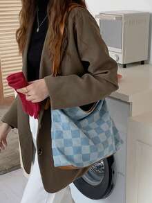 牛仔褲格紋肩背包大容量韓版休閒手提包通勤適合 - 藍色 - 查看 7