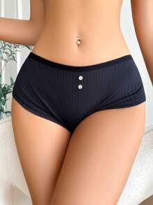 Solid Button Detail Ribbed Knit Panty