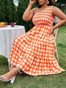 SHEIN SunnyBelle Plus Gingham Print One Shoulder Ruffle Hem Dress - Multicolor - View 2
