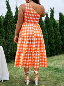 SHEIN SunnyBelle Plus Gingham Print One Shoulder Ruffle Hem Dress - Multicolor - View 3